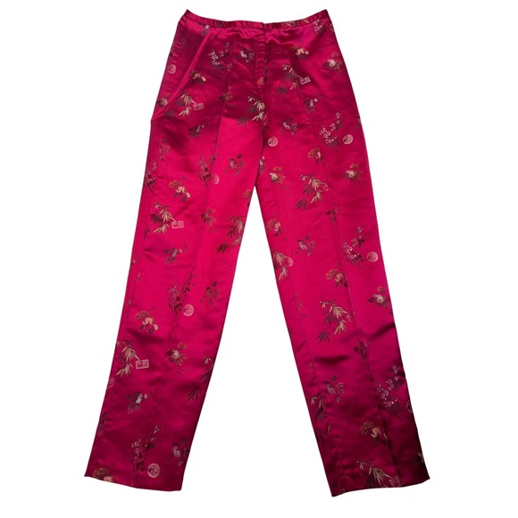 Cache Pants - Vintage Cache Fuchsia Pink Chinoiserie Floral Satin Jacquard Pants Size 6 USA
